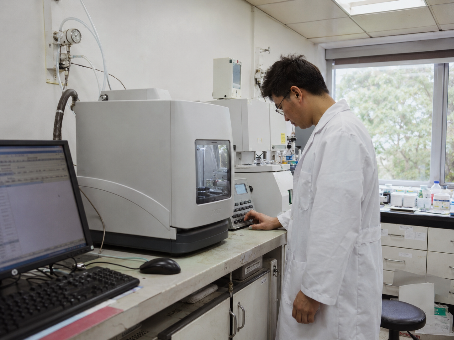 Laboratorietekniker vid analysinstrument under provkörning