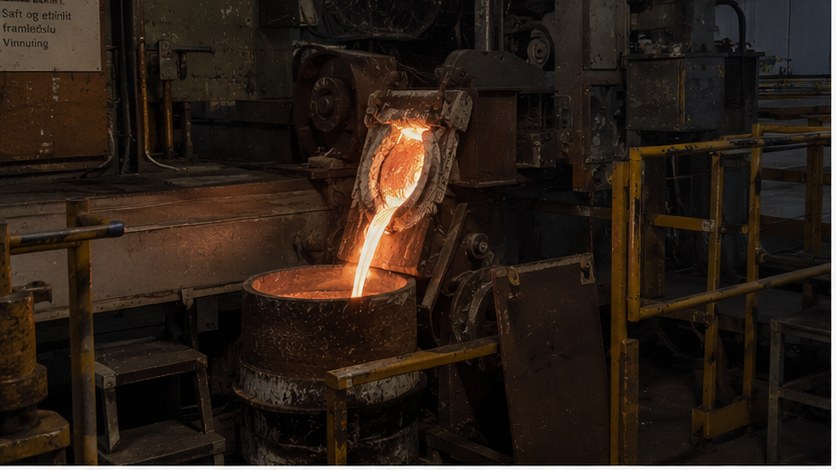 Tappning av smält metall ur industriell ugn i gjuteri