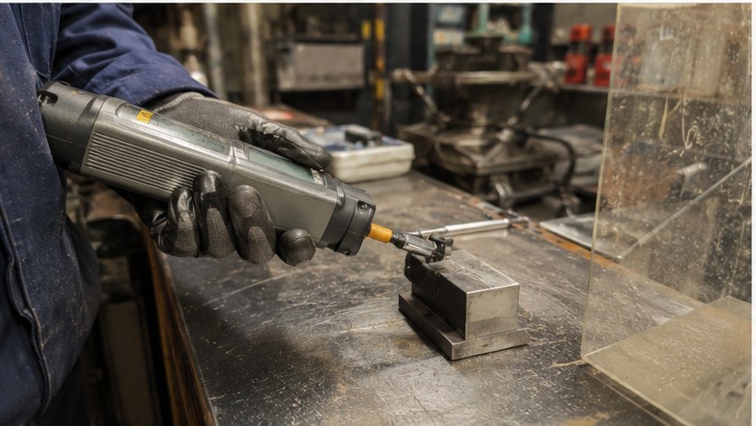 Operatör med handhållen XRF-analysator mot metallprov i fält