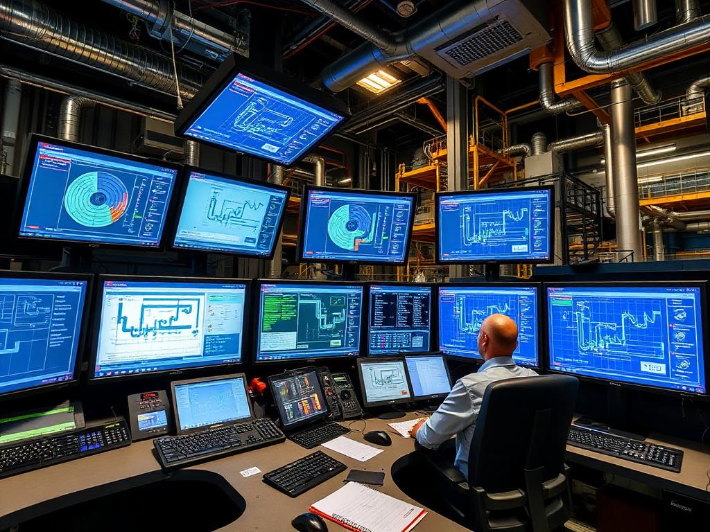Operatör i kontrollrum med processdiagram på skärmar