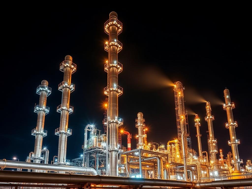 Petrokemiska destillationskolonner upplysta nattetid