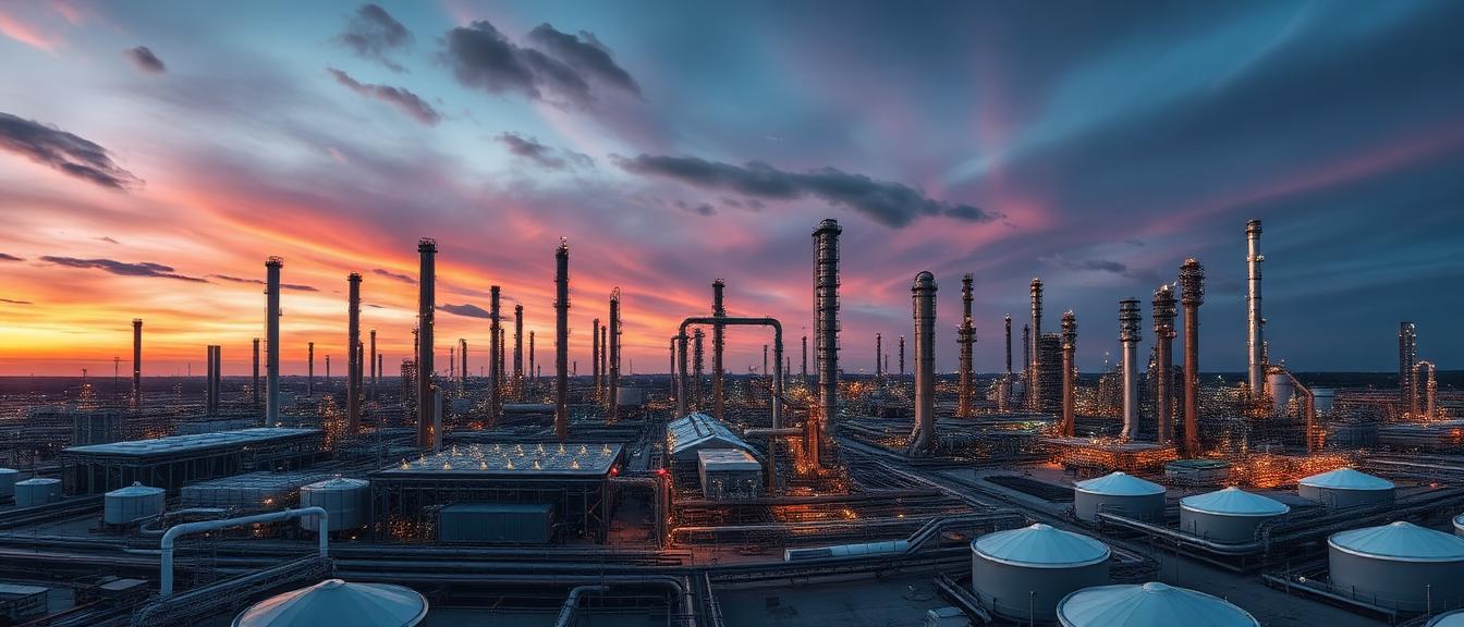 Panorama över petrokemiskt raffinaderi i skymning